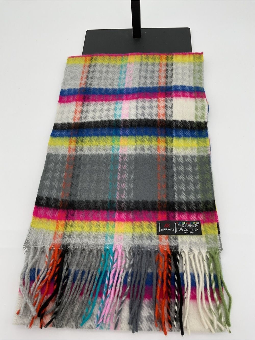 V. Fraas Multicolor Plaid Fringe Scarf - Gray, Pink, Yellow